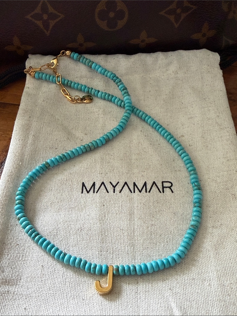 Turquoise Beaded Necklace with Gold 'J' Pendant